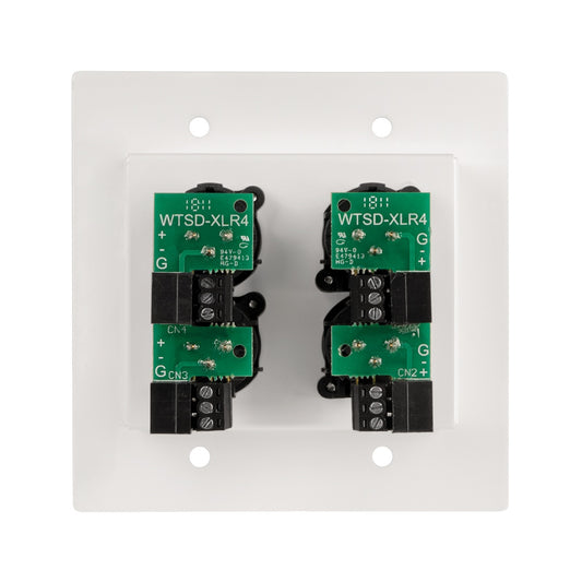 AtlasIED WTSD-XLR4 rear view showing green circuit boards and screw terminal blocks behind the XLR jacks