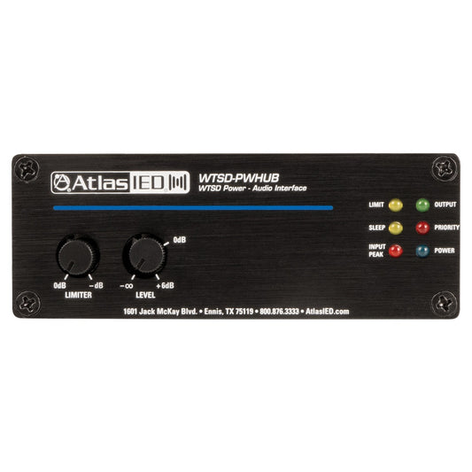 AtlasIED WTSD-PWHUB interface hub front panel with limiter and level knobs and status LED indicators
