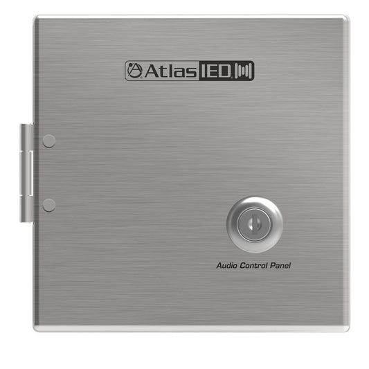 AtlasIED WTSD-COVER locking weather cover front view with hinged brushed metal door, keylock and Audio Control Panel label