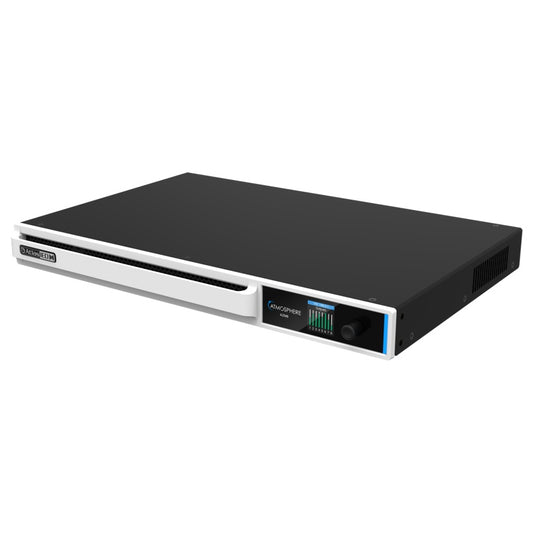 AZM8 Atmosphere 8-zone audio processor front angle view with blue LCD output meter display and control knob, AtlasIED