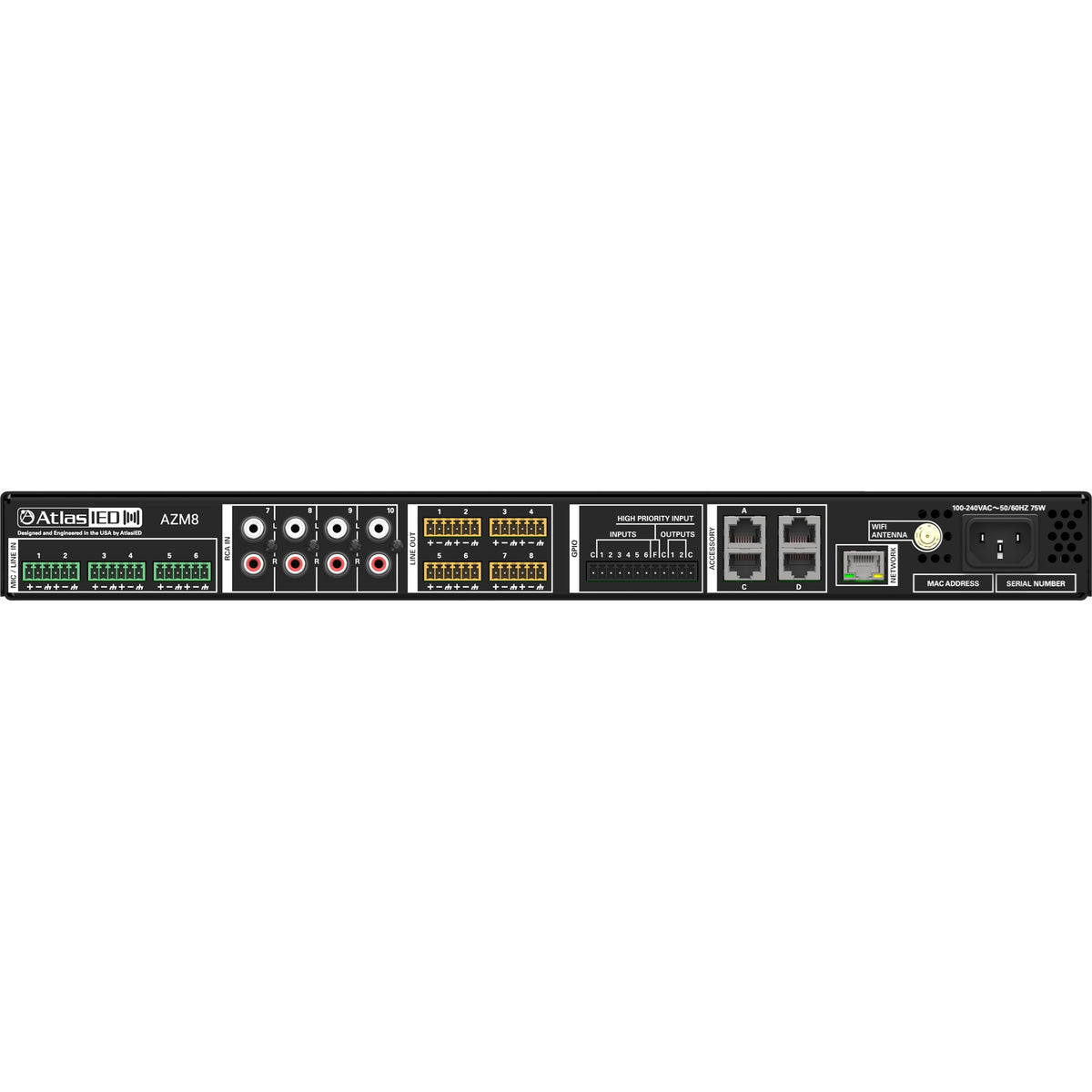 AZM8 rear panel showing Phoenix mic/line inputs, RCA inputs, eight line outputs, GPIO terminal block, accessory RJ45 ports and IEC power inlet, AtlasIED