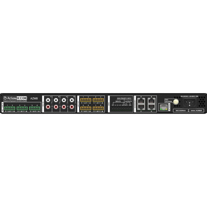 AZM8 rear panel showing Phoenix mic/line inputs, RCA inputs, eight line outputs, GPIO terminal block, accessory RJ45 ports and IEC power inlet, AtlasIED