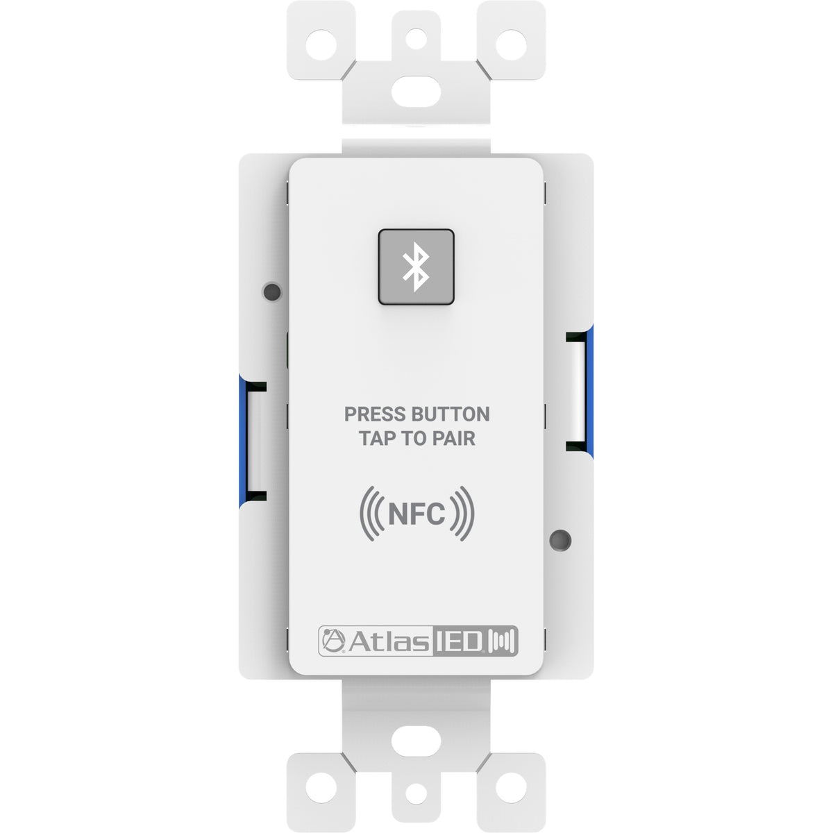 A-BT ATMOSPHERE remote Bluetooth audio input wallplate front view with pairing button and NFC tap-to-pair label, AtlasIED