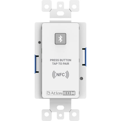 A-BT ATMOSPHERE remote Bluetooth audio input wallplate front view with pairing button and NFC tap-to-pair label, AtlasIED