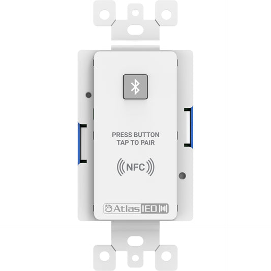 A-BT ATMOSPHERE remote Bluetooth audio input wallplate front view with pairing button and NFC tap-to-pair label, AtlasIED