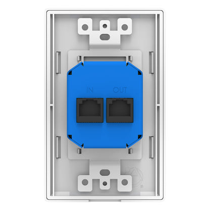 A-BT wallplate rear view showing blue terminal block with RJ45 IN and OUT control bus jacks, AtlasIED