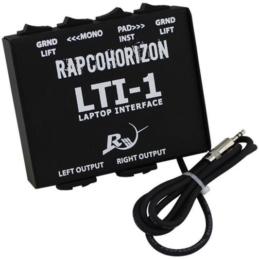 RapcoHorizon LTI-1 laptop interface angled top view with coiled 1/8" mini plug cable