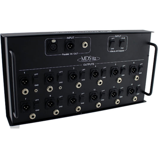 RapcoHorizon MDS-112 media distribution snake box at an angle showing side handle and 12 output panel