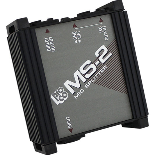 ProCo MS-2 mic splitter angled view showing labeled top panel with direct output, ground lift, and iso output