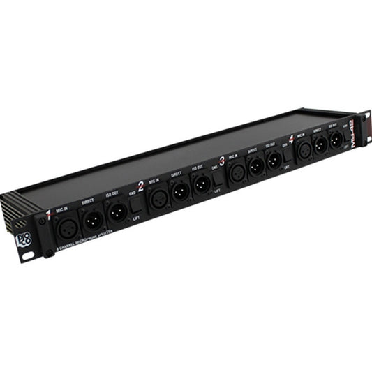 ProCo Sound MS-42 4-channel mic splitter angled view showing XLR inputs, direct and ISO outputs with ground lift switches
