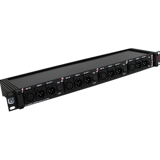 Pro Co MS-43 4-channel mic splitter angled view showing XLR mic in, direct and iso out jacks