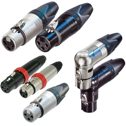 Neutrik X-Series female XLR cable connector family in nickel, black and red-collar straight and right-angle styles