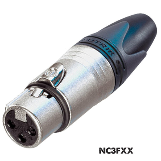 Neutrik NC3FXX nickel 3-pole female XLR straight cable connector with black boot, angled front view