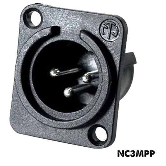 Neutrik NC3MPP 3-pin male XLR chassis mount connector with black D-shape flange and three pins