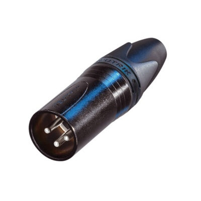 Neutrik NC3MXX-BAG-D 3-pin male XLR cable connector with black shell and silver contacts, angled view