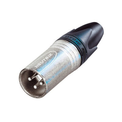 Neutrik NC3MXX-D 3-pin male XLR cable connector with nickel housing, silver contacts, and black boot
