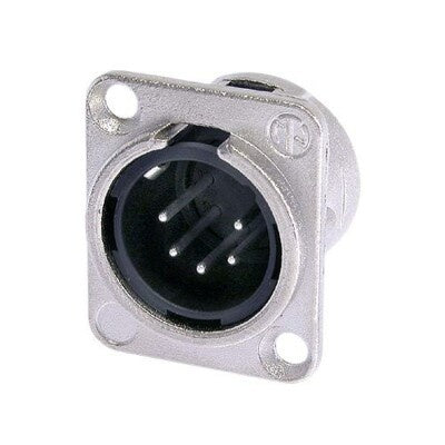 Neutrik NC5MD-L-1 5-pin male XLR panel connector with nickel flange and black insert, angled front view