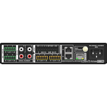 AZM4 rear panel detail with Phoenix mic/line inputs, RCA inputs, GPIO terminals, four line outputs, accessory and network RJ45 ports, and IEC power inlet, AtlasIED