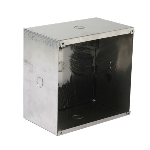 AtlasIED IP-FEST-HVP flush mount enclosure angled view showing open metal back box with knockouts