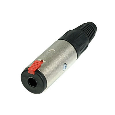 Neutrik NJ3FC6 locking 1/4" stereo cable jack with nickel metal barrel, red latch, and black strain relief