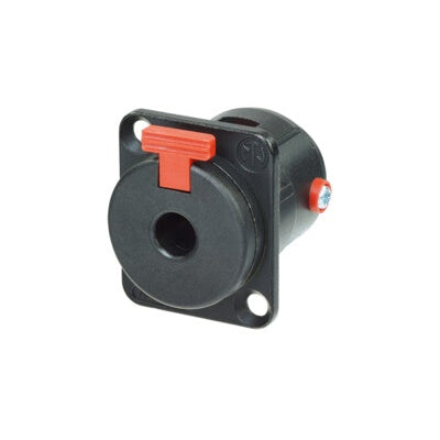 Neutrik NJ3FP6C-BAG locking 1/4" stereo panel jack, angled view of black D-size housing with red latch