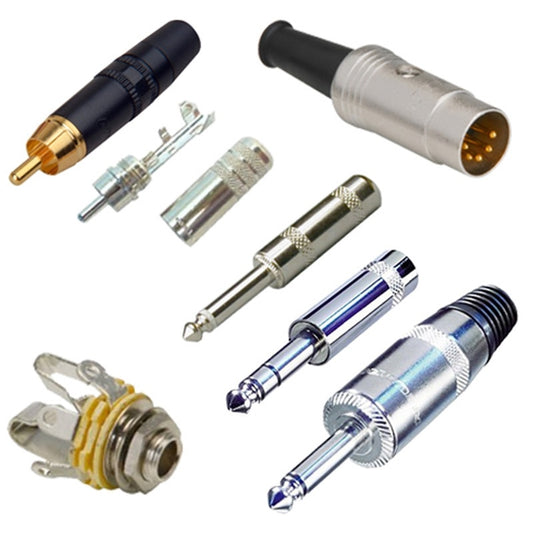 ProCo Sound REAN connector group shot with 1/4" plugs, RCA, DIN and panel jack styles