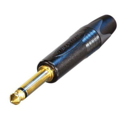 Neutrik NP2X-B 1/4" mono plug with black barrel and gold-plated tip, angled view