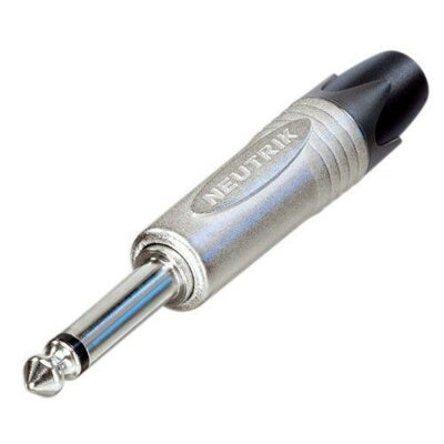 Neutrik NP2X-D 1/4" mono plug with nickel housing and black cable boot, angled view