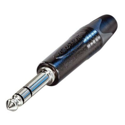 Neutrik NP3X-BAG-D PX Series 1/4" stereo plug with black housing and nickel TRS contacts, angled view