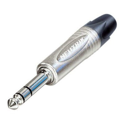 Neutrik NP3X-D 1/4" stereo plug with nickel housing and black strain relief boot, angled view