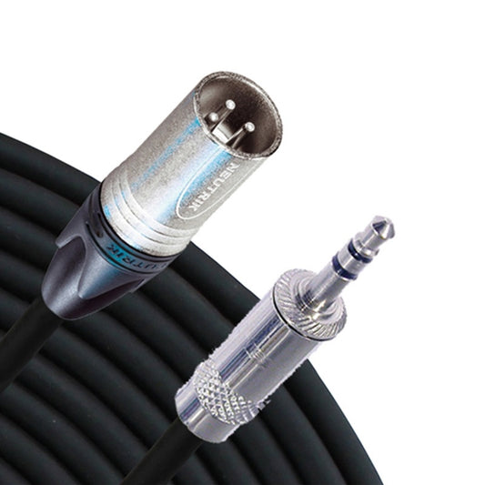 RapcoHorizon NSUM summing cable with Neutrik XLR male and 3.5mm connectors on coiled black cable