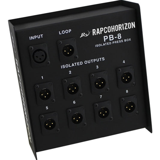 RapcoHorizon PB-8 isolated press box shown at an angle with input, loop, and numbered XLR outputs