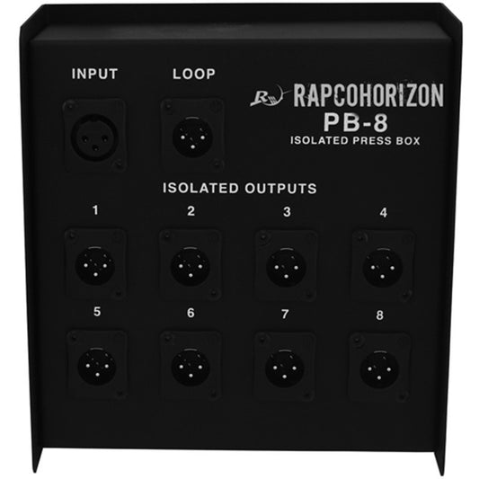 RapcoHorizon PB-8 mic splitter front panel with XLR input, loop, and eight isolated outputs