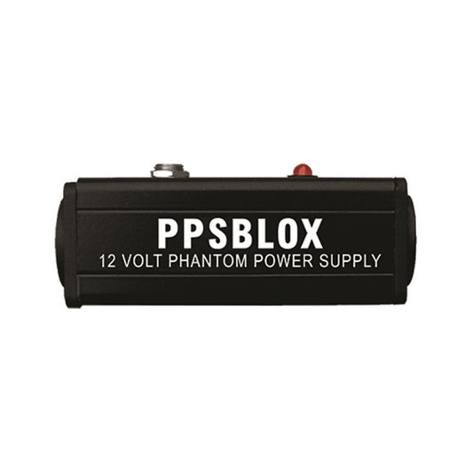 RapcoHorizon PPSBLOX inline phantom power supply top view with red LED indicator and DC jack