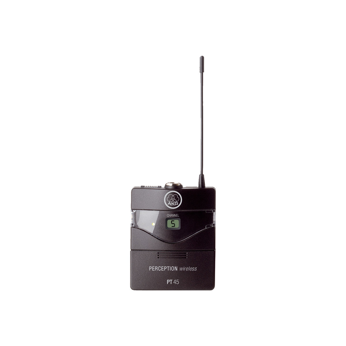 AKG Perception Wireless PT45 bodypack transmitter front view showing channel LCD set to 5, mini-XLR input and flexible antenna, Harman Professional