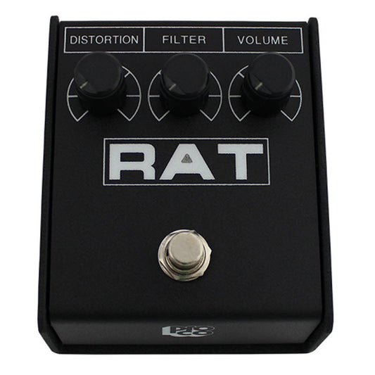 ProCo Sound RAT2 distortion pedal top view with Distortion, Filter, and Volume knobs and footswitch