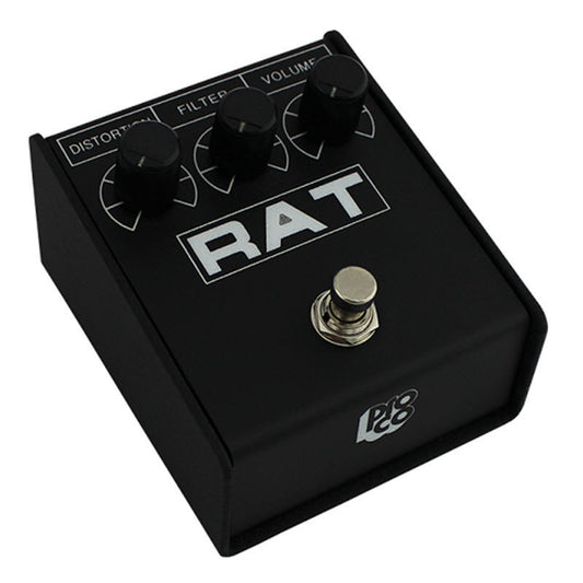 ProCo Sound RAT2 distortion pedal angled view showing black enclosure and chrome footswitch