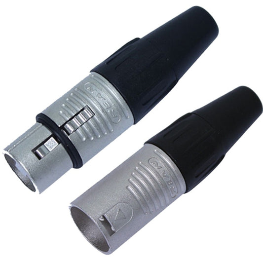 REAN RC3F-D XLR cable connectors with nickel shells and black boots, female and male housings side by side