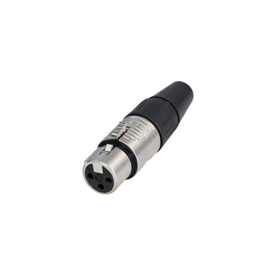 REAN RC3F-D 3-pole female XLR connector angled to show three-socket contact insert and nickel barrel