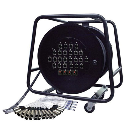 RapcoHorizon REEL snake showing fan-out tails with XLR and 1/4" connectors beside the numbered input panel