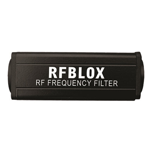 RapcoHorizon RFBLOX RF frequency choke filter in black inline housing with white printed label