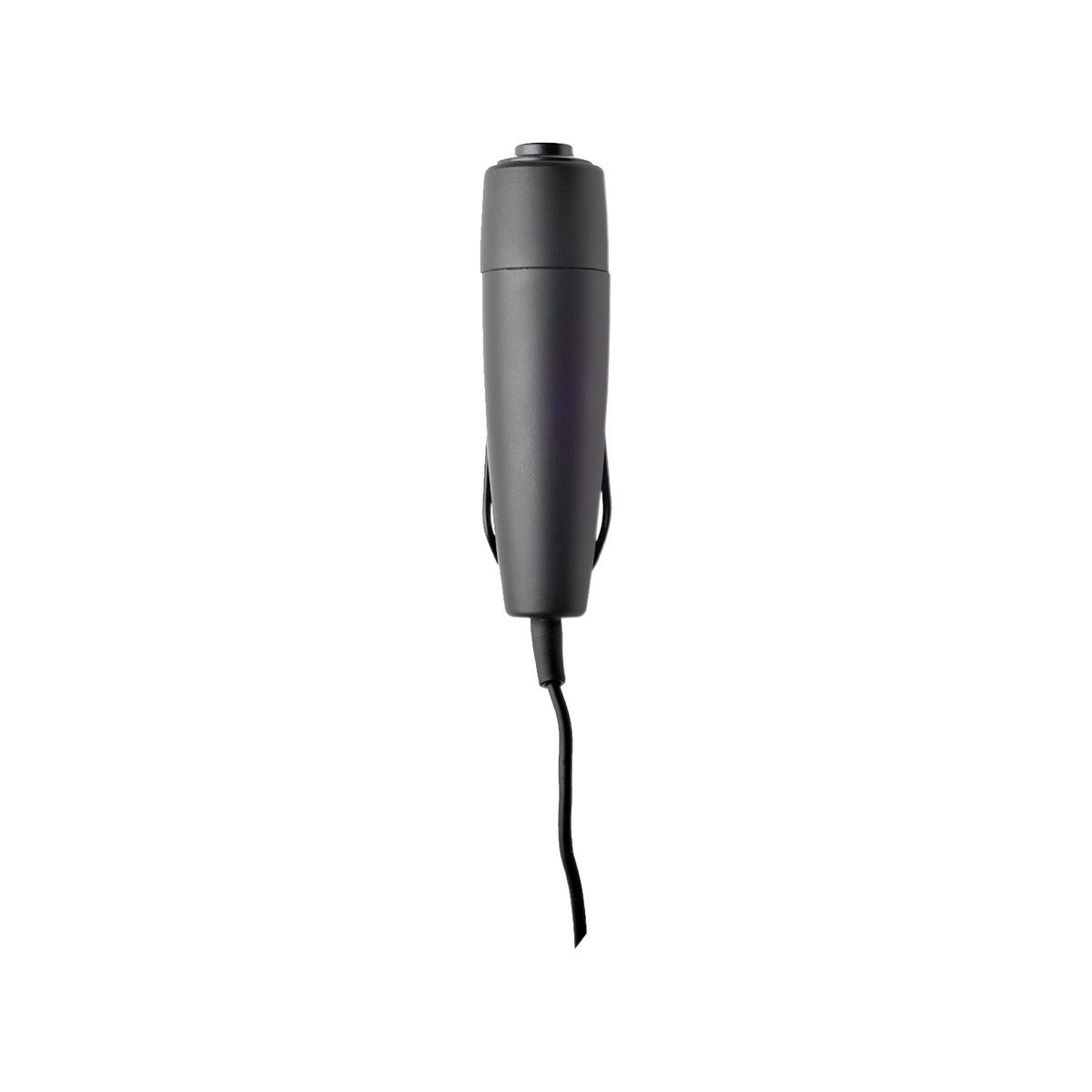 RMS4000 remote mute switch front view showing black tapered housing with push button, clothing clip and attached cable, AKG