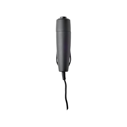 RMS4000 remote mute switch front view showing black tapered housing with push button, clothing clip and attached cable, AKG