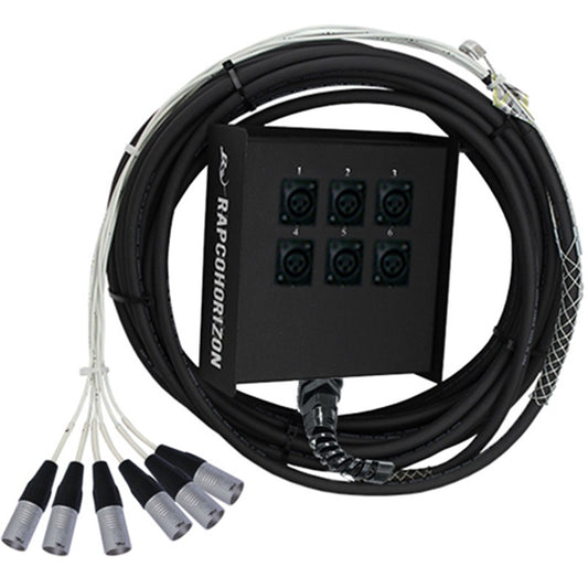 RapcoHorizon stage box snake with six numbered XLR inputs and fanned male XLR tails