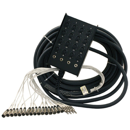 RapcoHorizon snake stage box angled view with 16 XLR jacks and lettered 1/4" return jacks below