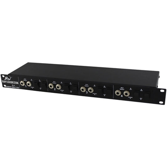 RapcoHorizon SL-4 rack mount 4-channel DI box angled view showing 1U chassis and rack ears
