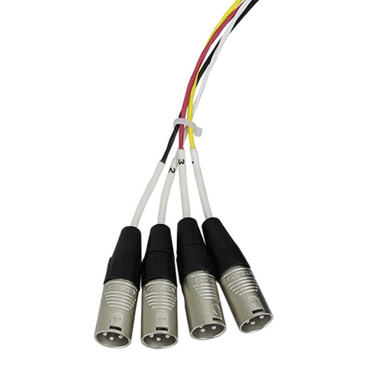 Close-up of the four numbered male XLR fantail connectors on the ProCo Sound SMAST drop snake