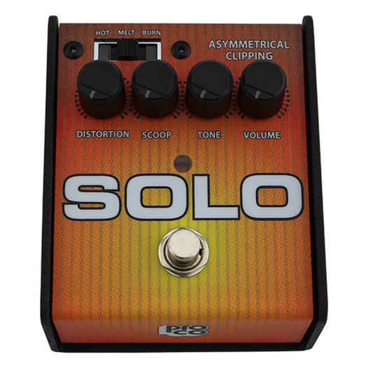 ProCo Sound SOLO distortion pedal top view with Distortion, Scoop, Tone, Volume knobs and footswitch