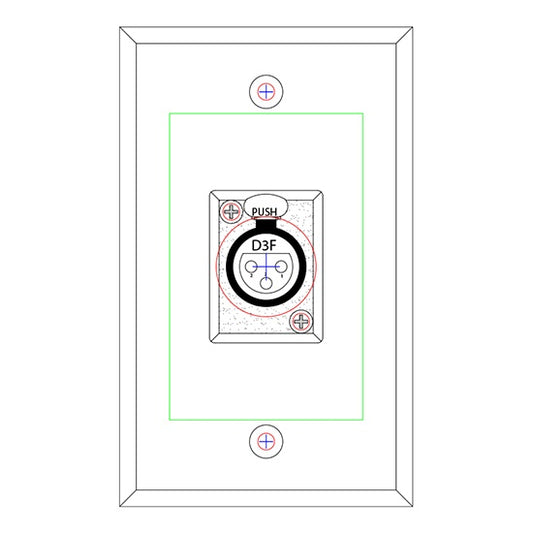 ProCo Sound single gang wall plate line drawing showing centered D3F XLR female connector layout