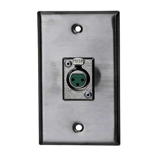 ProCo Sound single gang stainless steel wall plate front view with 3-pin XLR female jack and push latch